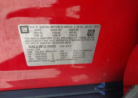 2018 Chevrolet Trax Lt из США, поврежденный, VIN 3GNCJLSB7JL166523